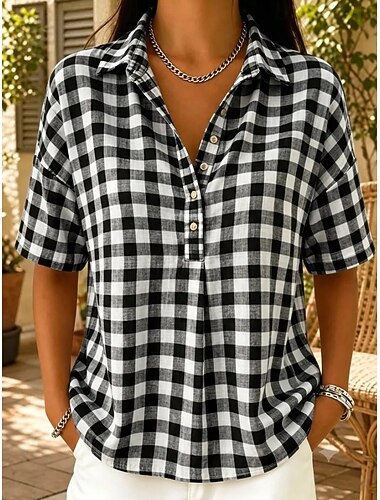  Per donna Camicia Camicia popover Blusa Plaid A quadri Quotidiano Manica Corta Bavero Top Regolari Casuale Blu chiaro colore arancione Nero Rosso Verde Estate Autunno
