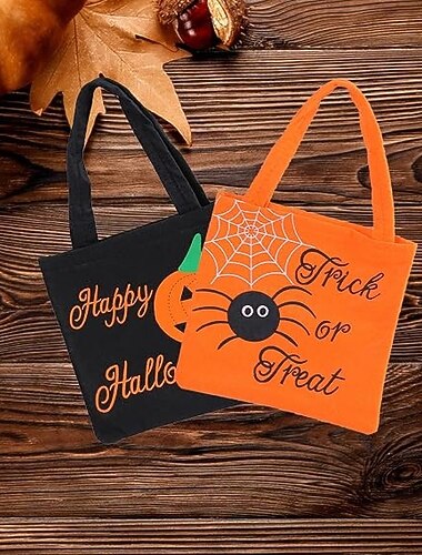  Lot de 2 sacs fourre-tout d'Halloween pour enfants, sacs réutilisables araignée et citrouille pour la collecte de bonbons, sacs cadeaux de 19,8 cm, mini sacs à surprises pour les fêtes d'Halloween,