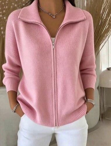 Damen Pullover Strickjacke Täglich Stilvoll Lässig Umlegekragen Reißverschluss Langarm Lange Oberteile Stricken Täglich Ferien Khaki Weinrot Herbst Winter