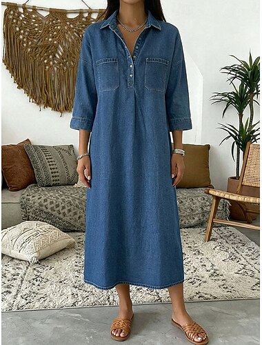  Dames Halflange jurk Jurk met capuchon Denim jurk Vintage Dagelijks Ruim Passend Effen 3/4 mouw Overhemdkraag blauw Licht Blauw Herfst