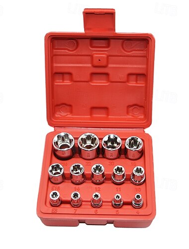 Set di 14 bussole e-torx con custodia, bussole a stella Torx esterne femmina E4–E24, attacco da 1/4 di pollice, 3/8 di pollice e 1/2 pollice, kit di attrezzi per auto.