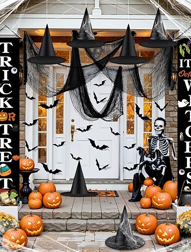  35 deler Halloween-verandadekorasjoner til utendørs bruk, knask eller knep-hengende bannere, 6 svarte heksehatter, 3 skumle kluter, 24 3D-flaggermusklistremerker til inngangsdør, innendørs hjem, fest