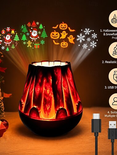  Proiettore di luci natalizie per Halloween con design realistico di fiamma di legna, lampada di proiezione dinamica di zucca, fantasma, fiocco di neve e Babbo Natale, luce notturna decorativa per le