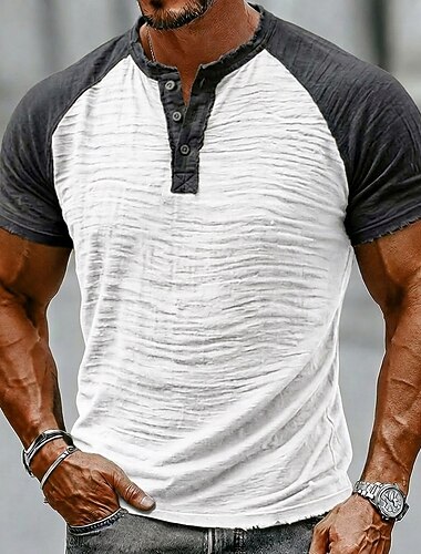 Per uomo Maglietta Maglietta in lino Manica Corta Henley Estate Primavera Tinta unica Blocco di colori Testurizzato Vacanza Vintage Sport Senza bordo Manica corta Casuale Casa All'aperto Bianco Vino