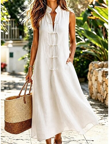  Dames Halflange jurk Hemdjurk Zonnejurk Witte jurk A lijn jurk Vakantie Casual Boho Dagelijks Feestdagen Zomerjurk Effen Mouwloos Mandarijn Kraag blauw Wit Marine Blozend Roze Zomer Herfst
