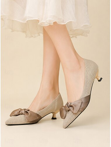  Fransk-inspirerede elegante pumps med spids tå og kitten heel til kvinder, åndbare, strækbare, strikket hæle i åndbar materiale med sløjfedetaljer foroven, blød, polstret indersål, slip-on