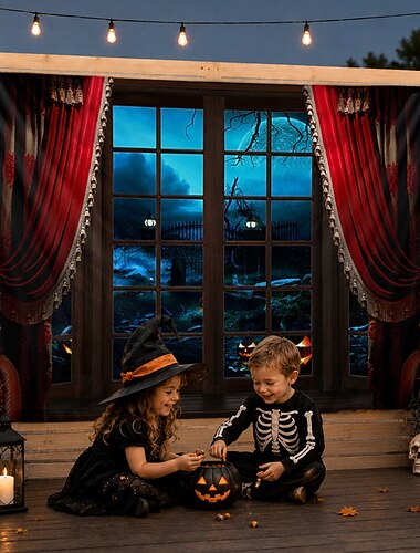  Décoration murale d'Halloween : rideau gothique, tapisserie murale illusion 3D, manoir hanté au clair de lune, décor extérieur pour patio, jardin, porche, clôture, fête d'Halloween, photomaton