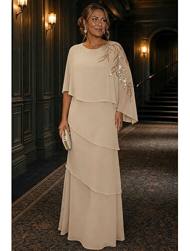  Corte A Vestidos Hasta el Suelo Vestido de Madrina Media Manga Camiseta con cuello redondo Elegante Vintage Lujoso Formal Invitado a la boda Semi-formal Gasa Encaje Chales con Cuentas Apliques