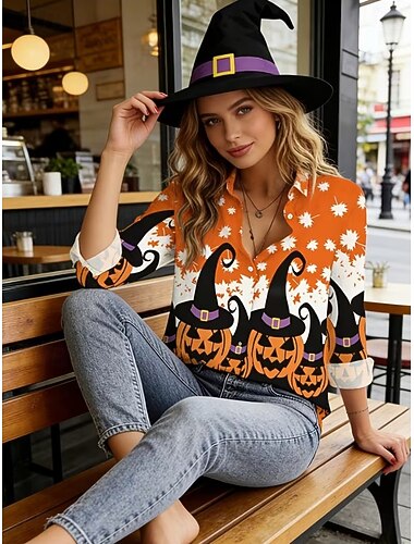  Halloween Naisten Paita Napit Painettu Kuvitettu Pääkallot Kurpitsa Tyylikäs Klassinen Moderni Pitkähihainen Paitapuserokaula-aukko Tavalliset topit Kausaliteetti Päivittäin Pyhäpäivä Musta Oranssi