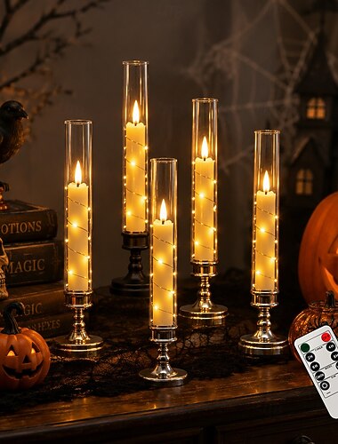  4 stuks LED-kaarsen zonder vlam met afstandsbediening, werkend op AA-batterijen, timergestuurde flikkerende kaarsen voor Halloween, Kerstmis, bruiloften, verjaardagsfeesten en tafeldecoratie.