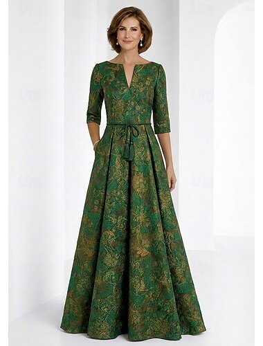 A-Linie Bodenlang Brautmutterkleid Halbarm V Ausschnitt Elegant Vintage Formell Hochzeitsgast Metallgewebe Jacquard mit Schleife(n) Falten