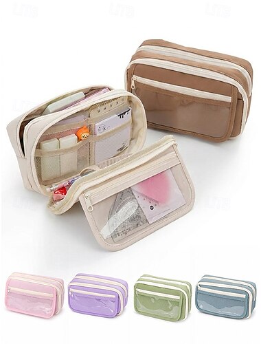  Trousse à crayons multicolore pour étudiants, pochette à double fermeture éclair en polyester PVC, organisateur de fournitures scolaires à plusieurs compartiments de grande capacité pour la rentrée