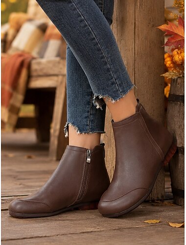  Bottines marron pour femme en similicuir, bottines confortables à bout rond et fermeture éclair latérale, avec semelle plate antidérapante, idéales pour les voyages et les promenades à la campagne.