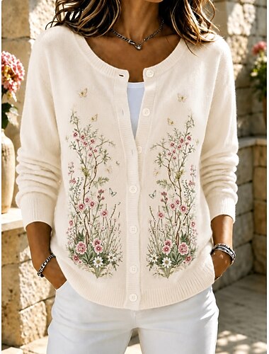  Damen Strickjacke Urlaub Vintage Täglich Blumen Rundhalsausschnitt Druck Langarm Lange Oberteile Stricken Täglich Ferien Ausgehen Schwarz Rote Herbst Winter