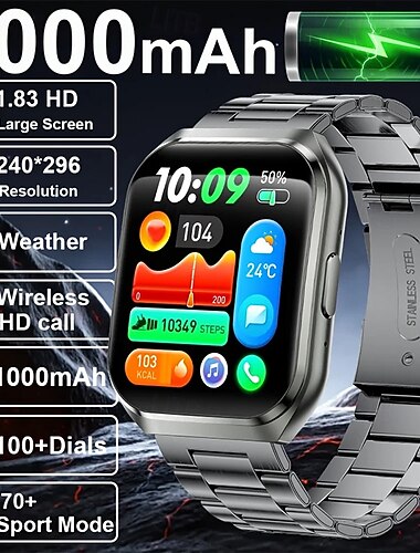  Smartwatch für Herren im Militärstil, 1,83-Zoll-HD-Display, 1000-mAh-Akku, Bluetooth-Anruffunktion, Edelstahlarmband, Fitness-Tracker, über 70 Sportmodi, Herzfrequenz- und Schlafüberwachung