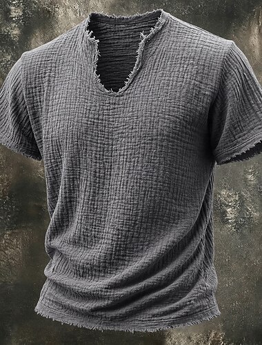  herr-t-shirt 100 % bomulls-t-shirt kortärmad v-ringad sommar vår enfärgad texturerad semester vintage sport rå kant avslappnad hem utomhus svart vit vinröd topp t-shirt för män