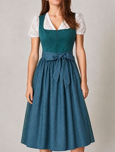  Oktoberfest bier Oktoberfest Jurken Dirndl Trachtenkleider Midi-lengte Met zakken Balconette-halslijn hulp in de huishouding Bavarian Duits Weiden Dames Carnaval Feest Bierfestival Doek in