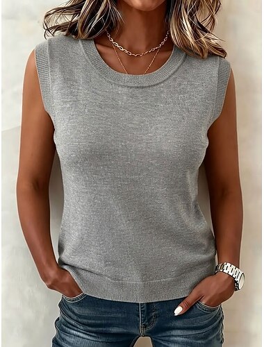  Damen Pullunder Täglich Basic Rundhalsausschnitt Gestrickt Ärmellos Normale Oberteile Stricken Täglich Heim Arbeit Blau Schwarz Herbst