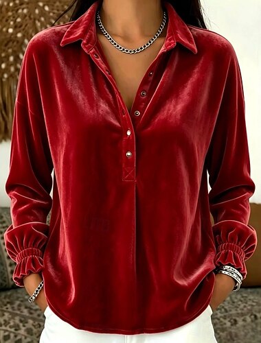  Dames Fluweel Boho-shirt Effen Kleur Effen Elegant Vakantie Dagelijks Lange mouw Normale tops Casual Dagelijks Uitgaan Geel Blozend Roze Rood Fuchsia Groen Herfst Winter