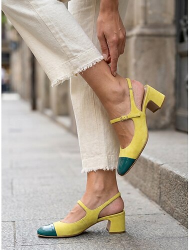  Women's Color Block Heels - Retro Square Toe Slingback Ankle Strap Pumps in Yellow and Green for Streetwear, Daily Wear, Afternoon Tea