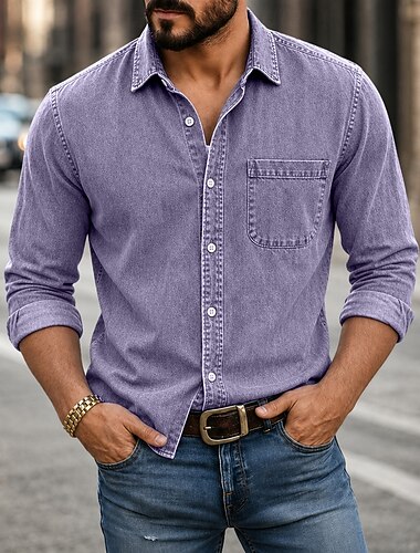  Da uomo Camicia Camicia casual Tinto in capo Camicia lavata con acido Nero Borgogna Blu marino Viola Verde Manica Lunga Semplice Colletto a Camicia Casuale Quotidiano Bottonato Abbigliamento Cotone