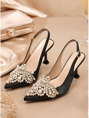  Svarte slingback-pumps til dame - elegante spisse tå med perle- og strass-kattungehøye hæler til cocktailfester, liten sort formell kjole