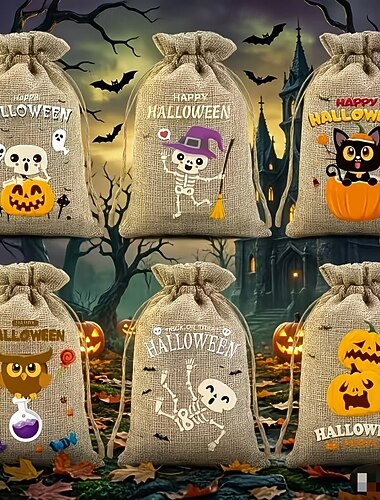 Sachets à friandises à cordon pour Halloween, lot de 12 sachets pour la distribution de bonbons, sachets cadeaux réutilisables pour les fêtes et décorations d'Halloween