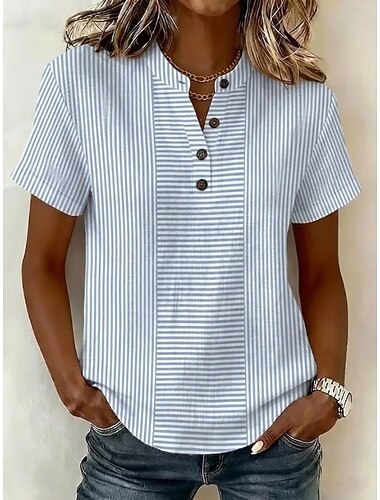  Mulheres Blusa Gráfico Geométrica Elegante Férias Vintage Manga Curta Henrique Collar Tops longos Casual Azul Verão Primavera
