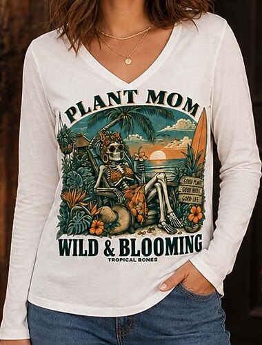  Halloween Chemise squelette Cadeau pour amoureux des plantes T-shirt graphique Club du jardin d'os Maman Plante Rétro Vintage Fantasmagorique street style Manches longues Col en V pour Femmes Adulte