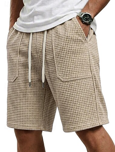  Herren Waffel-Shorts Shorts Sommershorts Freizeitshorts Kordelzug Tasche Elastischer Bund Einfach Komfort Atmungsaktiv Knielang Outdoor Strand Urlaub Urlaub Mode Weiß Khaki Mikroelastisch