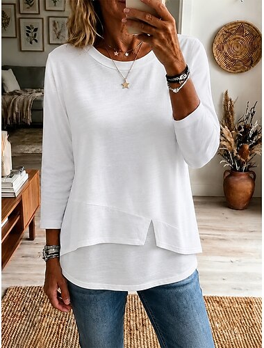  Damen T Shirt Einfarbig Stilvoll Lässig Langarm Rundhals Normale Oberteile Lässig Täglich Blau Weiß Schwarz Rosa Wein Sommer Frühling Herbst