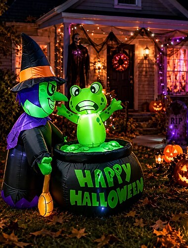  Chaudron de sorcière gonflable de 1,5 m avec grenouille, décoration lumineuse pour Halloween, intérieur et extérieur (pelouse, terrasse, porche, jardin), décoration de fête.
