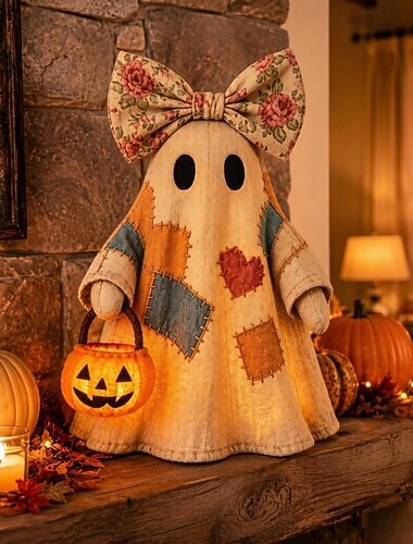  Søt lappeteppe-halloween-spøkelsesfigur med blomstersløyfe &gresskarbøtte, shabby chic vintage spøkelsesstatue til hjemmedekor, midtpunkt til peishylle på høstbordet, unik halloween-gave