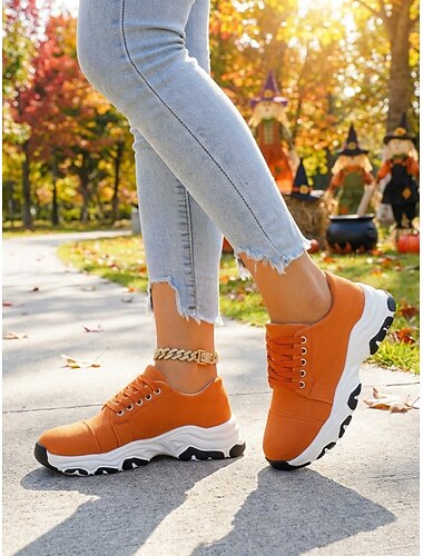  Oranje damessneakers met platte hak en vetersluiting - comfortabele wandelschoenen van imitatie suède voor op reis, buitenwandelingen en Halloween. &informele uitjes
