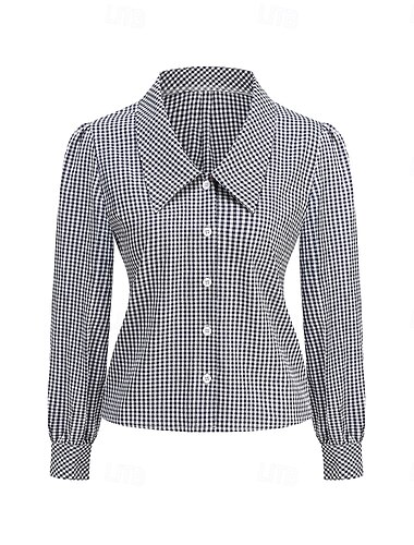  Elegante Anni 1950 Retrò Vintage Blusa / Camicia Lunghe Fibbia Griglia / Plaid Collo ripiegato Costume Per donna Tè Casual Quotidiano Adulti Blusa Primavera & Estate