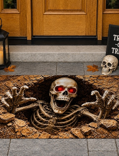  Zerbino di Halloween con illusione ottica 3D, scheletro, zombie, zerbino per porta d'ingresso, tomba inquietante, terra, occhi rossi, teschio, tappeto per interni ed esterni, decorazione per portico