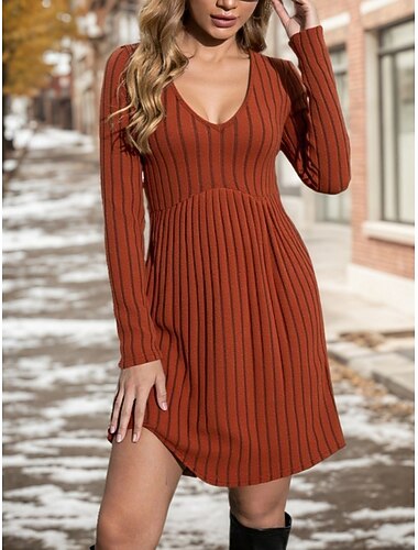  Damen Knielanges Kleid Pulloverkleid A Linie Kleid Elegant Urlaub Mode Täglich Urlaub Normale Passform Einfach Langarm U-Ausschnitt Orange Herbst Winter