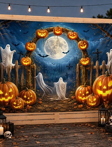  Fondo de Halloween, arco de calabaza, fantasma, cementerio, tapiz de pared, luna llena, cementerio, fondo exterior, colgar en la pared para patio, jardín, porche, cerca, casa embrujada, fotomatón,