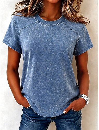  Damen Textur Bluse Patchwork Vintage Punk Mode Western Kurzarm Rundhalsausschnitt Normale Oberteile Lässig Blau Sommer Frühling