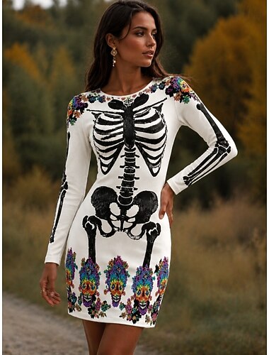  Halloween Dames Mini-jurk T shirt jurk Bodycon-jurk Vakantie Casual Dagelijks Feest Slank Grafisch Doodskoppen Lange mouw Boothals Wit Lente Herfst Winter