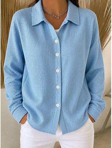  Damesblouse met wafelstructuur, effen kleur, stijlvol, basic, lange mouwen, omgeslagen rand, casual, dagelijks, buiten, blauw, zomer, lente, herfst