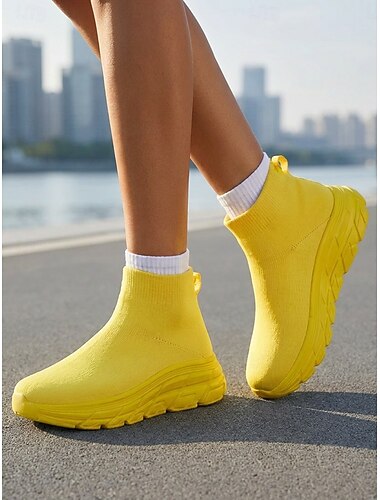  Damgula höga slip-on löparskor, lätta, andningsbara stickade socksneakers med vadderad sula för promenader, resor, gym, vardagskläder &utomhusträning
