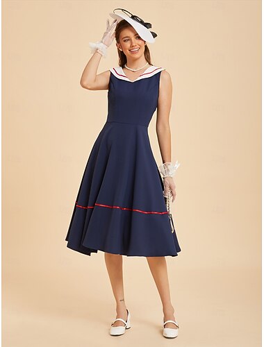  Anni 1950 Retrò Vintage Lunghezza al ginocchio Vestito Rockabilly Vestito Svasato Senza maniche Tinta unica Costume Per donna Carnevale Mascherata Balli di fine anno Festa serale Festa di fidanzamento