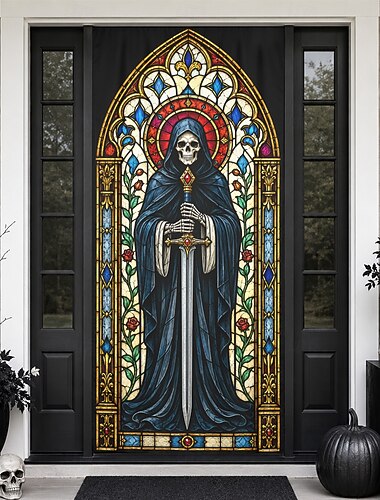  Cubierta de puerta de Halloween, vidriera, pancarta de la Parca, esqueleto, caballero, espada, telón de fondo gótico para puerta principal, porche, entrada, decoración de fiesta de casa embrujada