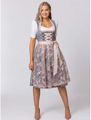  Oktoberfest Vestito Dirndl Lunghezza Midi Pizzo Scollatura a balconcino Cameriera Tedesco Alpino Eredità Prati Per donna Carnevale Festa della birra Panno in stile tradizionale Senza camicetta