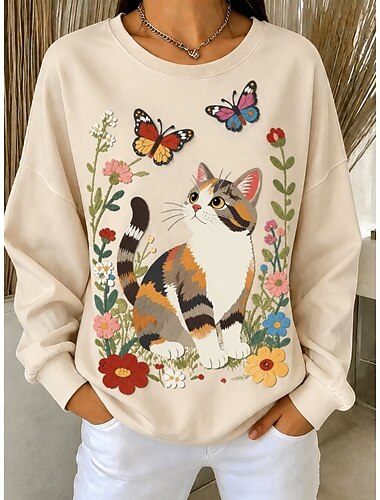  Mulheres Moletom Patchwork Imprimir Floral Gráfico Gato Quente Ativo Vintage Manga Longa Gola Redonda Tops regulares Casual Rua Dia a Dia Bege Primavera Outono Inverno