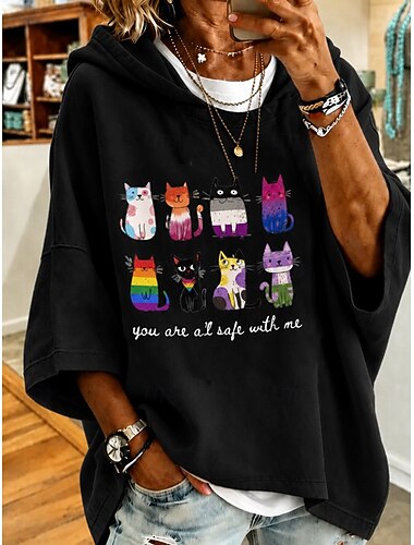  Női Pulóver Hoodie pulóver Zseb Nyomtatott Grafika Cica Szüret Alkalmi Boho Háromnegyedes Kapucni Crop Tops Hétköznapi Utca Medence Fekete Arcpír rózsaszín Tavasz Ősz Tél