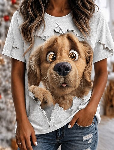  Crăciun Pentru femei Tricou Bloc de Culoare Imprimeu Grafic Animal Pisica Epocă Stilat Clasic Manșon scurt Stil Nautic Rotund Topuri obișnuite Casual Zilnic Alb Alb 2 Vară Primăvară Toamnă Iarnă