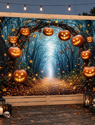 Tapiz de pared, telón de fondo, Halloween, calabaza, arco, túnel, bosque, luz azul, tela espeluznante, fondo, decoración colgante, pancarta de pared para habitación, sin costuras