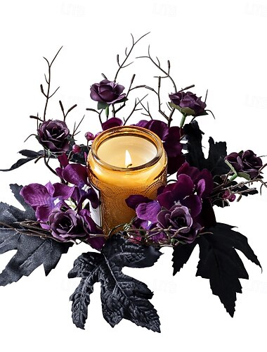  ハロウィン用造花バラキャンドルリング2個セット、ピラーキャンドル用黒花柄キャンドルホルダーリース、ハロウィンテーブルデコレーション、ゴシックキャンドルセンターピース、秋の感謝祭用お化け屋敷デコレーション